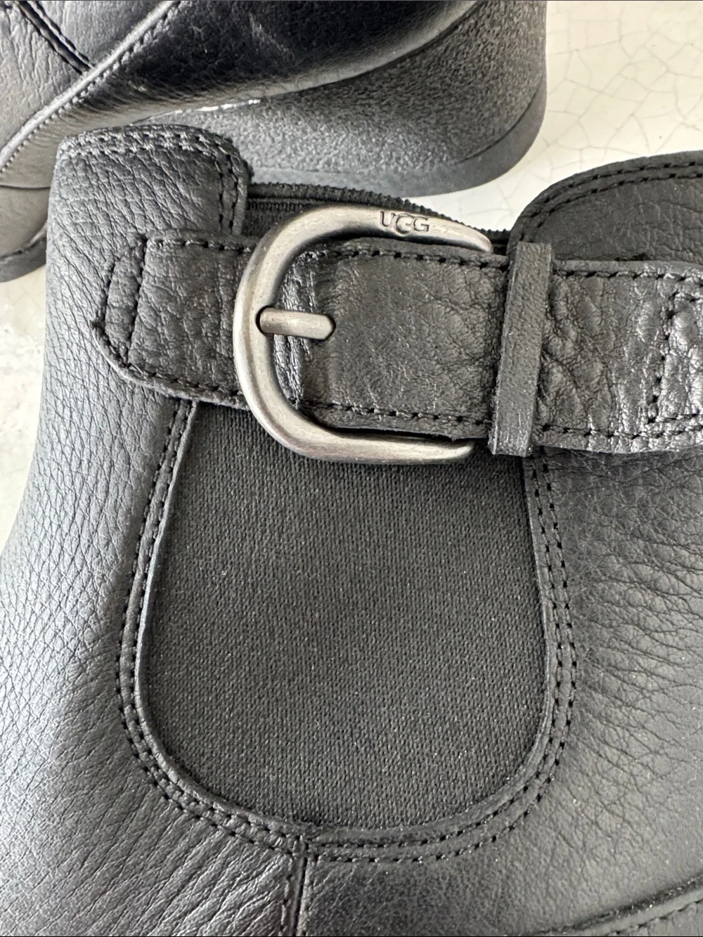 UGG ARLETA Black Leather Waterproof Wedge Chelsea Booties with Buckle Size 8.5
